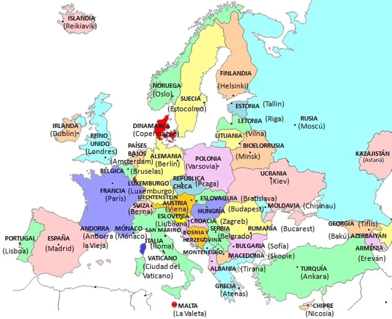 Mapa con los países y capitales de Europa