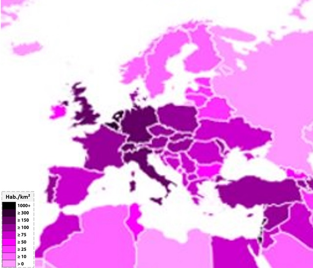 Densidad de población de los países de Europa