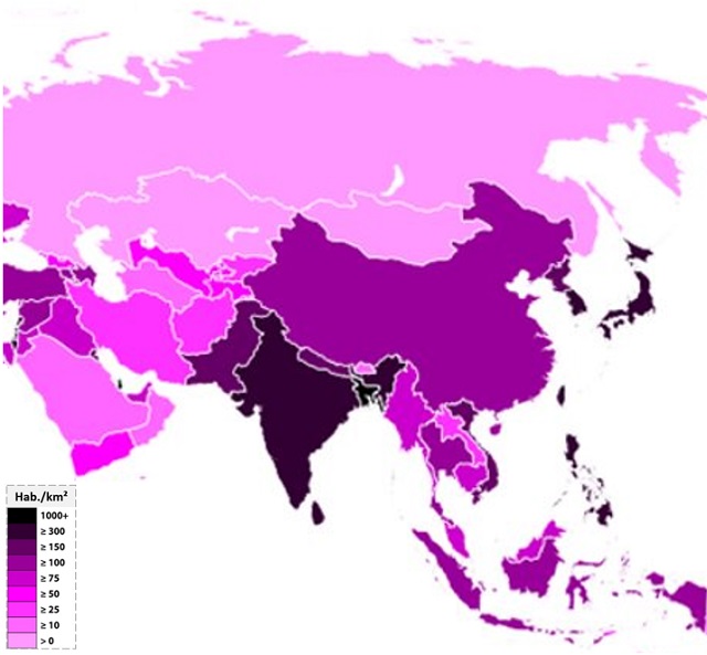 Densidad de población de los países de Asia
